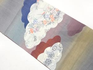 アンティーク　手織り真綿紬　雲に草花模様織り出し袋帯（材料）